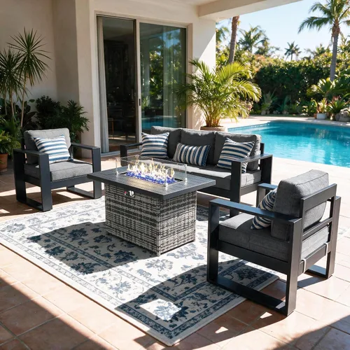 Vista 25 de LayinSun - Juego de muebles de patio de aluminio para exteriores de 4 piezas, sofá de conversación moderno de metal con mesa de café y cojines Negro