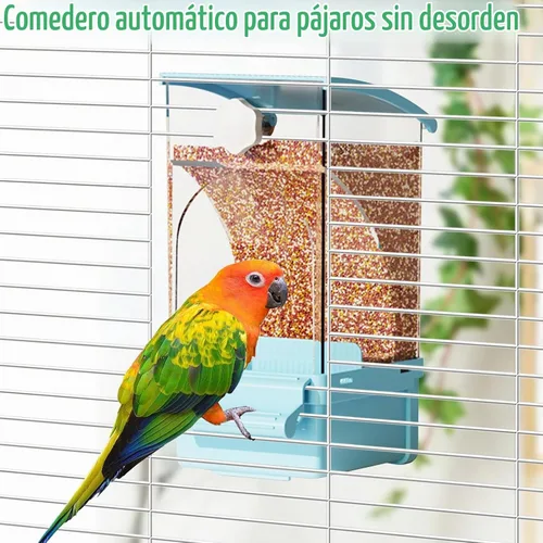 Vista 8 de Hamiledyi Comedero automático para pájaros sin ensuciar, contenedor de comida de semillas de loro acrílico transparente con jaula de perca