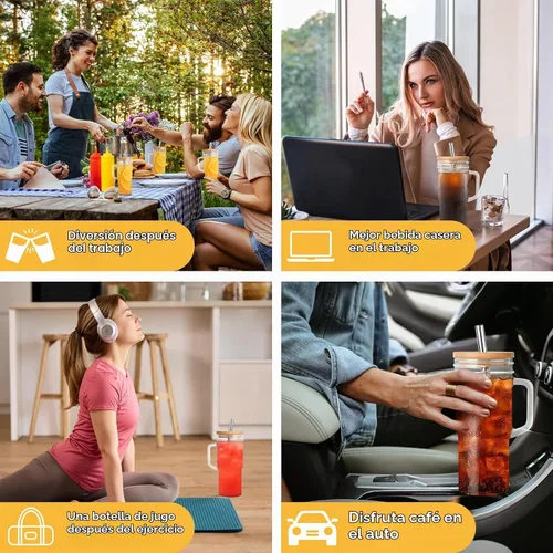 Vista 7 de MCleanPin Vasos de vidrio con tapas y pajitas de bambú, vaso de vidrio de 24 onzas con asas, paquete de 2 tarros Mason con tapas y boca ancha