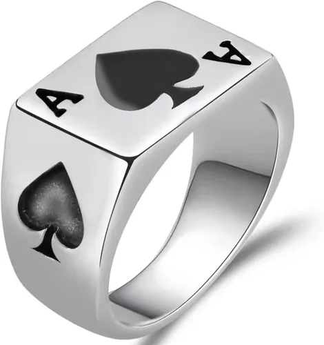 Vista 7 de JAJAFOOK Anillo de acero inoxidable para hombres y mujeres, diseño de espada de póquer, plata y negro, tallas 6-14 Pala Ace Oro Negro