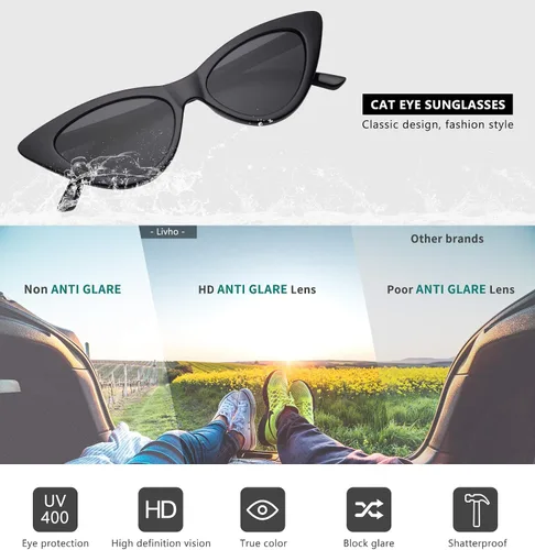 Vista 4 de Livhò Gafas de sol retro vintage angostas ojo de gato para mujer, con marco de plástico
