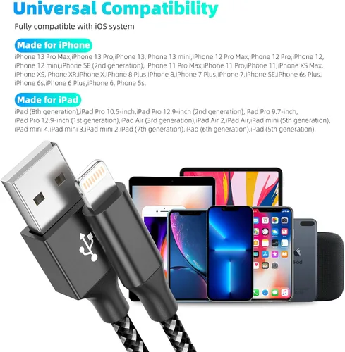 Vista 3 de Cargador para iPhone con certificación MFi de Apple, paquete de 3 cables Lightning de 10 pies de largo, carga rápida, sincronización de datos, cable