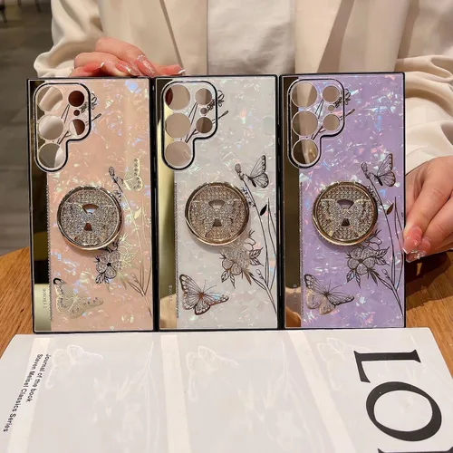 Vista 7 de Funda con función atril para Galaxy S22 Ultra, bonita concha de mármol con soporte de anillo, elegante funda protectora a prueba de golpes
