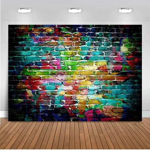Vista 2 de Fondo de fotografía de pared de ladrillo colorido de 9 x 6 pies, fondos de graffiti de vinilo para adultos y niños, retrato de fondo, accesorios