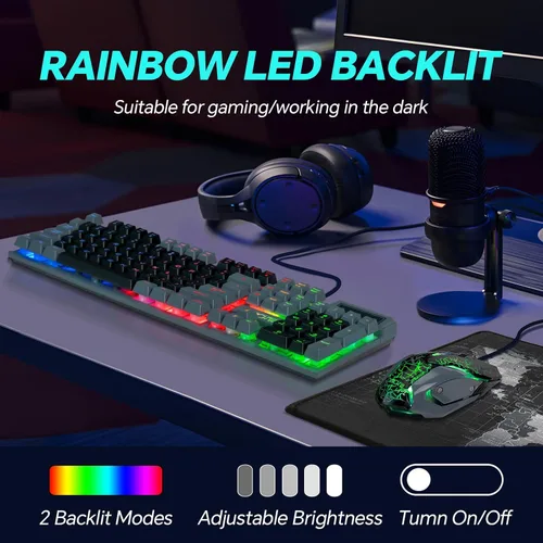 Vista 3 de CHONCHOW Combo de teclado y mouse para juegos con retroiluminación LED de 104 teclas de tamaño completo, luz de teclado con cable USB, sensación