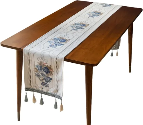 Vista 9 de Camino de mesa de lujo bordado, largo camino de mesa de comedor, elegante bufanda de jacquard con borlas múltiples para decoración de mesa