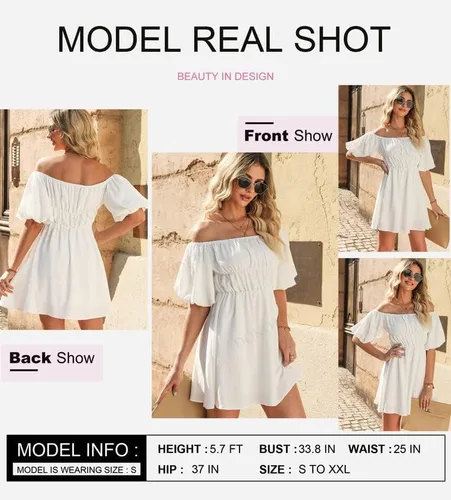Vista 2 de Dokotoo Vestidos de verano para mujer, con hombros descubiertos, manga corta farol, con volantes, cintura elástica, acampanado, minivestido casual