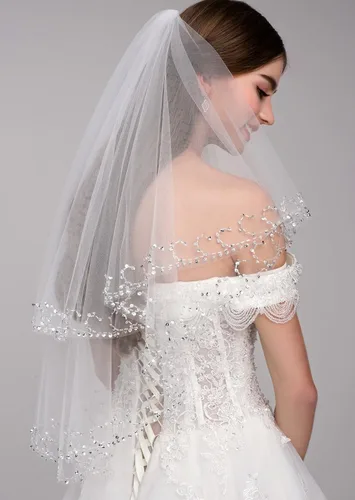 Vista 4 de malishow 2 niveles velo de novia lentejuelas con cuentas borde perla Bling velos de novia