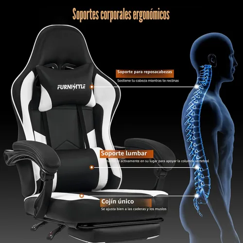 Vista 6 de Silla de juegos con reposapiés, sillas reclinables de videojuegos para adultos con soporte lumbar, reposabrazos articulados, silla ergonómica