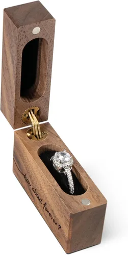 Vista 4 de Caja de anillo de compromiso de madera, pequeña funda plana delgada para propuesta, boda (Qué tal para siempre)