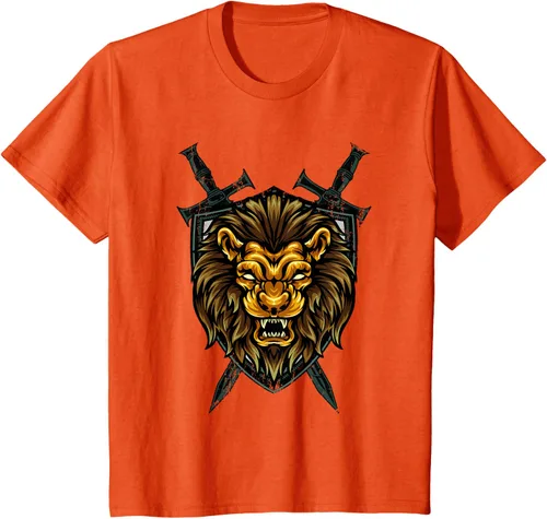 Vista 68 de Camiseta con diseño de caballero medieval renacentista, con diseño de espada de león, Negro, S