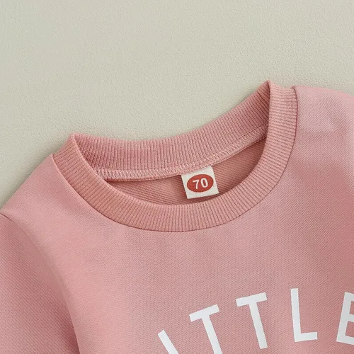 Vista 3 de Trajes de otoño e invierno para niña pequeña, camisa de manga larga con cuello redondo y pantalones sólidos, ropa de 2 piezas, Rosado