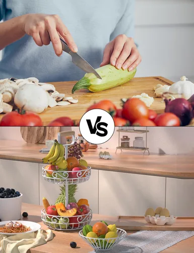 Vista 5 de Plato de 2 niveles y frutero – Almacenamiento de frutas y verduras con colgador de árbol de plátano y mango de madera, cesta de frutas para encimera