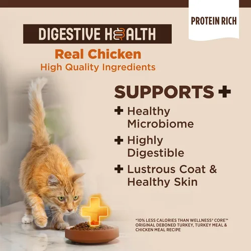 Vista 2 de Wellness CORE+ - Alimento seco para gatos adultos para interiores y exteriores, granos integrales, natural, salud digestiva con pollo y arroz