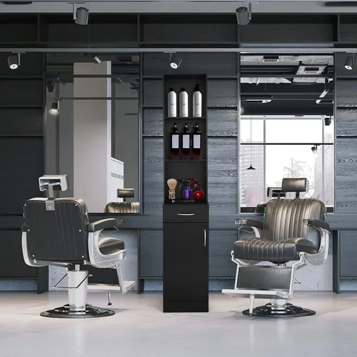 Vista 2 de mefeir Salon Station, gabinete de almacenamiento para peluquero con cajón, 5 compartimentos y estante, MDF duradero, equipo organizador para salón