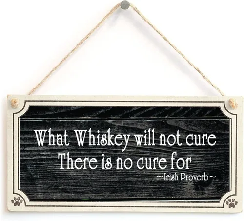 Vista 2 de Letrero de madera con texto en inglés «What Whiskey Will Not Cure Irish Proverbi», placa de madera impresa rústica, con cuerda de yute de 8 x 16