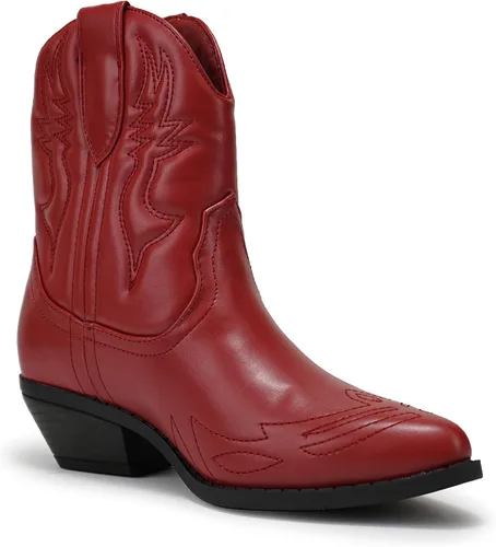 Vista 4 de Soda Botas de tobillo con costuras occidentales vaqueras para mujer, botines cortos con punta puntiaguda, talla S
