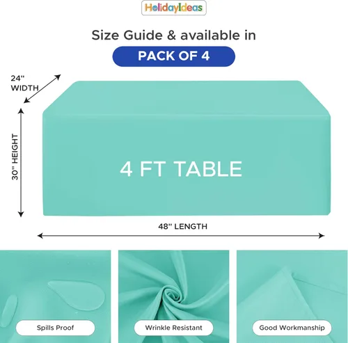 Vista 3 de HolidayIdeas Fitted Tablecloths for 4 Foot Rectangle Table, Wrinkle Resistant Washable Table Cover 24x48 Inch for Vendor Booth Display, Banquet, Aqua