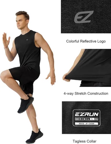Vista 4 de EZRUN Camisetas sin mangas de entrenamiento para hombre de secado rápido para músculos, natación, gimnasio, fitness, correr, playa