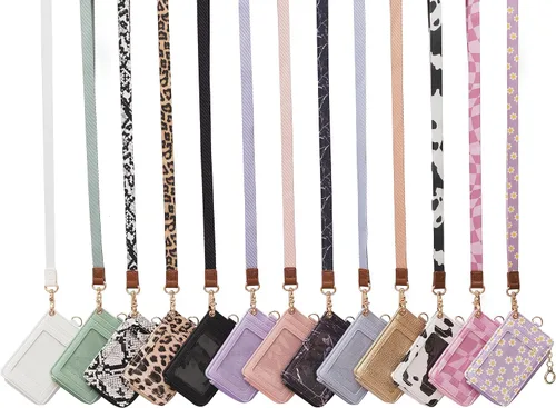 Vista 7 de Mondo Designs Soporte de tarjetas de ID 2 en 1, cartera chica multiusos, correa de muñeca extraíble, cordón para cuello, ventana clara, 5 ranuras
