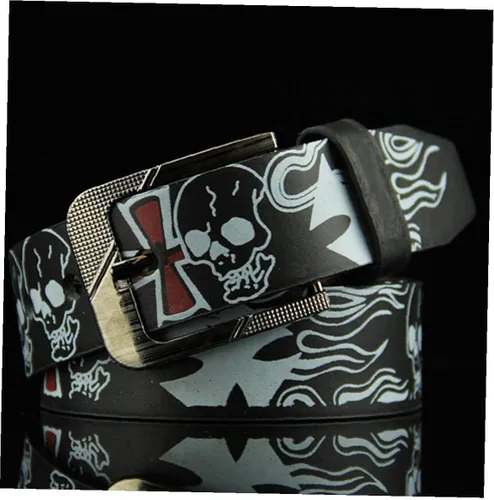 Vista 2 de TOSSPER Cinturón de los hombres Cráneo Cruz Hueso Impreso Punk Cinturón Casual Pu Correa de Cuero Cintura Individualidad Hombres Cinturón (negro)