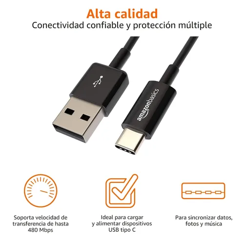 Vista 3 de Amazon Basics - Cable de carga rápida USB-C a USB-A 2.0, velocidad de 480 Mbps, certificado USB-IF, para Apple iPhone 16/15, iPad, Samsung Galaxy
