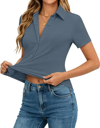 Vista 16 de siliteelon Camisas de manga corta con botones para mujer, camisas de vestir elásticas en 4 direcciones, blusa de trabajo ajustada