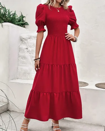 Vista 2 de BTFBM Vestidos para mujer, cuello redondo, casual, de verano, con volantes, manga corta, bohemio, con niveles, fruncido, largo, con estampado floral