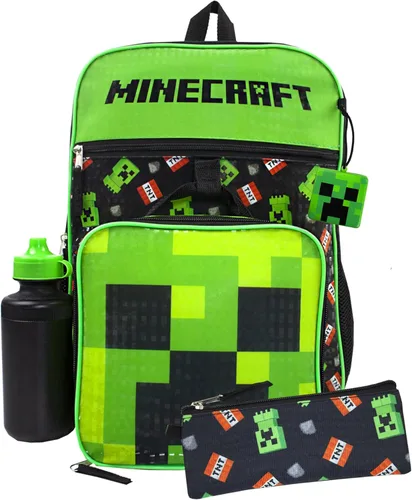 Vista 9 de Minecraft Mochila para niños de 5 piezas Creeper Zombie School Lunch Bag Gamer, Negro