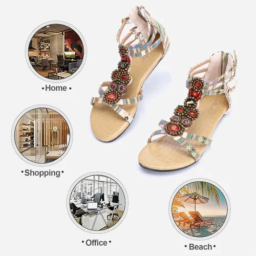 Vista 4 de Odema Sandalias planas para mujer, con cuentas bohemias, con cremallera trasera, zapatos elegantes