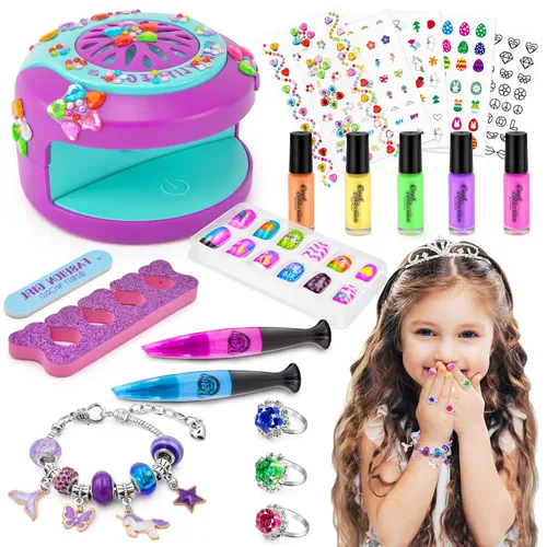 Vista 2 de Juego de esmaltes de uñas para niñas, kit de arte de uñas DIY con secador de uñas, uñas postizas, pegatinas de uñas, esmalte de uñas despegable,