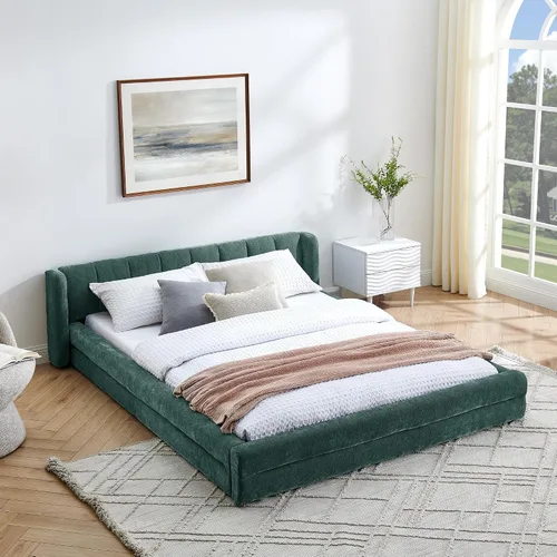 Vista 10 de KLMM Queen Size Upholstered Platform Bed Frame with Thick Fabric,Chenille Fabric Grounded Bed with Headboard and Solid Frame,for Kids Teen Adults