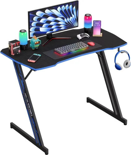 Vista 12 de PayLessHere Mesa de Juegos de 35" Azul Escritorio de Computadora en Forma de Z con Marco de Acero, Gancho para Auriculares, Pies Ajustables