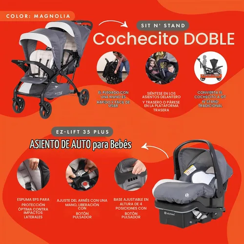 Vista 2 de Baby Trend Sit N' Stand Cochecito doble tándem con 2 asientos de coche para bebé EZ-Lift Plus, Magnolia