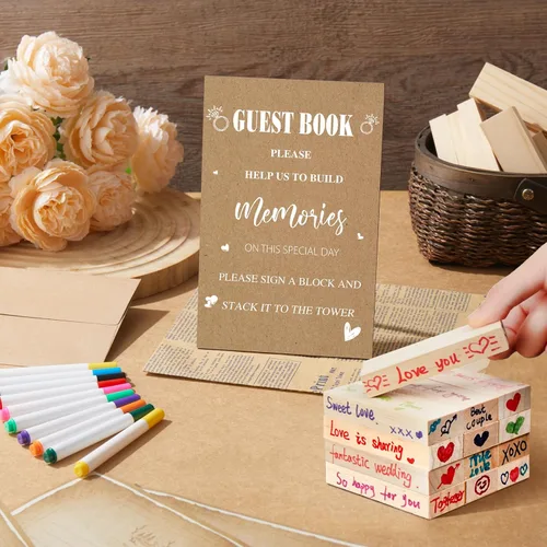 Vista 6 de Beeveer 80 piezas Libro de invitados para boda alternativo en bloque de madera para cartel de boda, decoración de despedida de soltera, 54 piezas