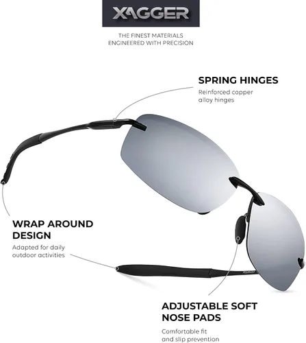 Vista 2 de Xagger Gafas de sol polarizadas para hombre, marco de metal sin montura UV400, protección solar