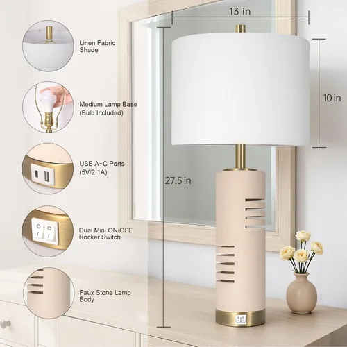 Vista 2 de KIVDITZO Juego de 2 lámparas de mesa de piedra sintética de 27.5 pulgadas, lámparas para sala de estar con luz nocturna, puertos USB A+C, modernas