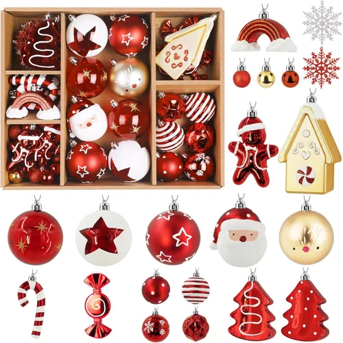 Vista 10 de Alupssuc Juego de 65 adornos de bolas de Navidad, bolas de plástico inastillables casa de jengibre dorada y estrella para la copa del árbol