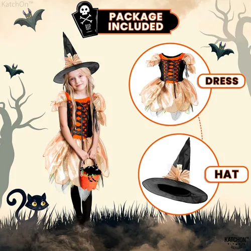 Vista 5 de Katchon, Halloween Witch Costumes for Girls - Halloween Party Costume Kids Witch Costumes for Girls with Black Hat