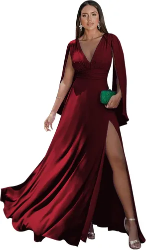 Vista 24 de Women's Long Sleeve Bridesmaid Dresses V-Neck Chiffon Ruched Formal Dress Evening Gown with Slit