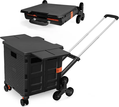 Vista 9 de Carrito plegable portátil con ruedas para compras, 4 ruedas giratorias con mango telescópico de plástico duradero y resistente, para viajes