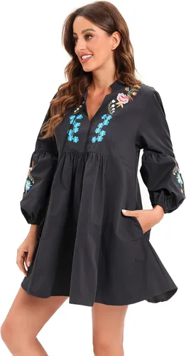 Vista 8 de Aox Women Retro Lanter Sleeve Floral Embroidered Boho A line Loose Short Shift Swing Dress