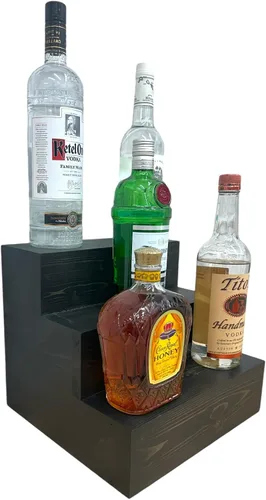 Vista 21 de Estantería de exhibición escalonada hecha a mano, exhibición de barra de tres niveles, organizador de barra, exhibición de botellas de licor
