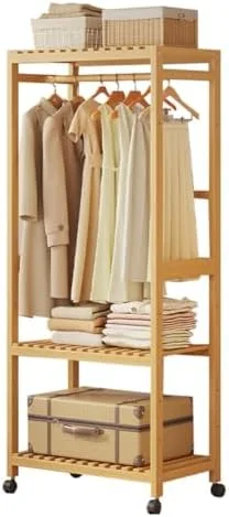 Vista 14 de Portable Bamboo Clothes Rack with Shelves - Free Standing Wooden Wardrobe, Rolling Garment Rack for Bedroom, Adjustable Multi-Storage Organizer with