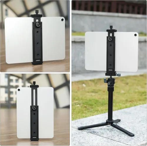Vista 7 de Soporte para iPad de aleación de aluminio para trípode, compatible con iPad mini y tabletas de 5-8.8 pulgadas, tornillo de 1/4 pulgadas y liberación