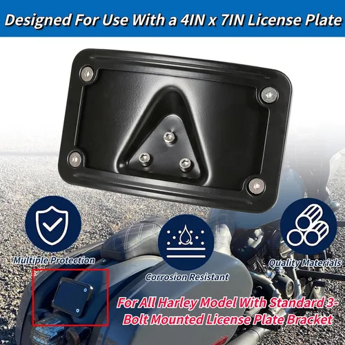 Vista 2 de 3148 Soporte de placa de matrícula curvado inclinado con marco compatible con Harley Davidson montaje de 3 agujeros (negro)