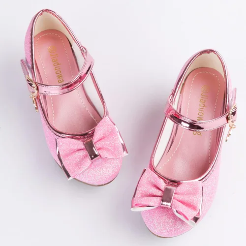 Vista 4 de TANDEFLY Zapatos de vestir para niñas, Mary Jane, boda, fiesta, talón, lazo con purpurina, zapatos de princesa con flores para niños pequeños
