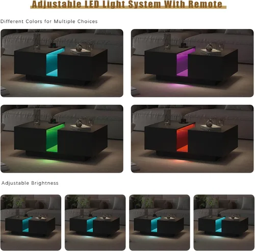 Vista 4 de HedoAjim - Mesa de café LED negra para sala de estar, mesa rectangular de sala de estar con almacenamiento, mesas de café acrílicas con 2 cajones
