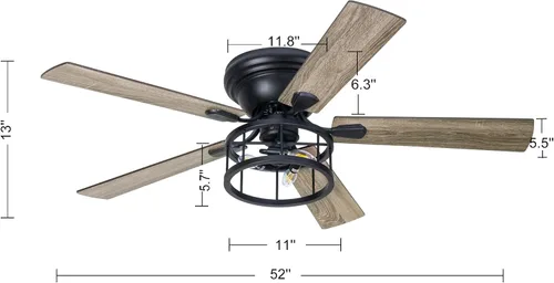 Vista 8 de Ventilador de techo industrial negro de 5 aspas de 52 pulgadas con kit de luz y mando a distancia, color negro mate