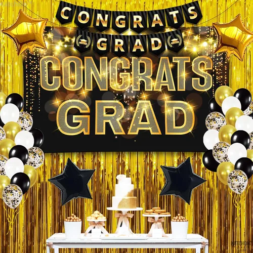 Vista 5 de Gran juego de globos de graduación dorados 2022 – Suministros para fiesta de graduación 2022 Decoraciones de graduación en negro y dorado 2022